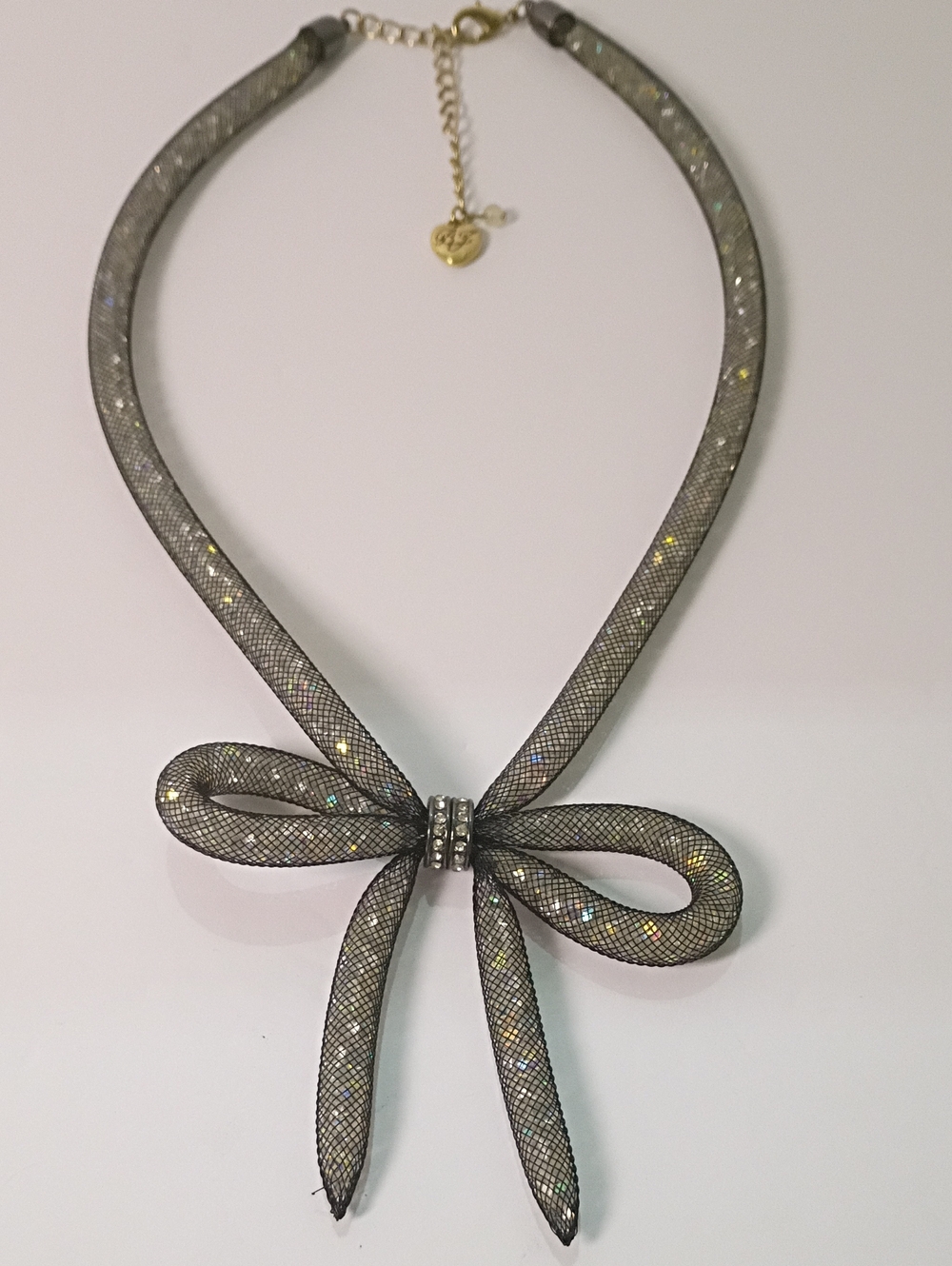 Betsey Johnson black mesh sparkling bow necklace-dressy statement style.